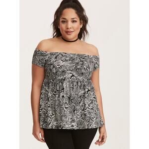 Torrid Black White Paisley Print Off Shoulder Babydoll Top Item 10851983 Size 0